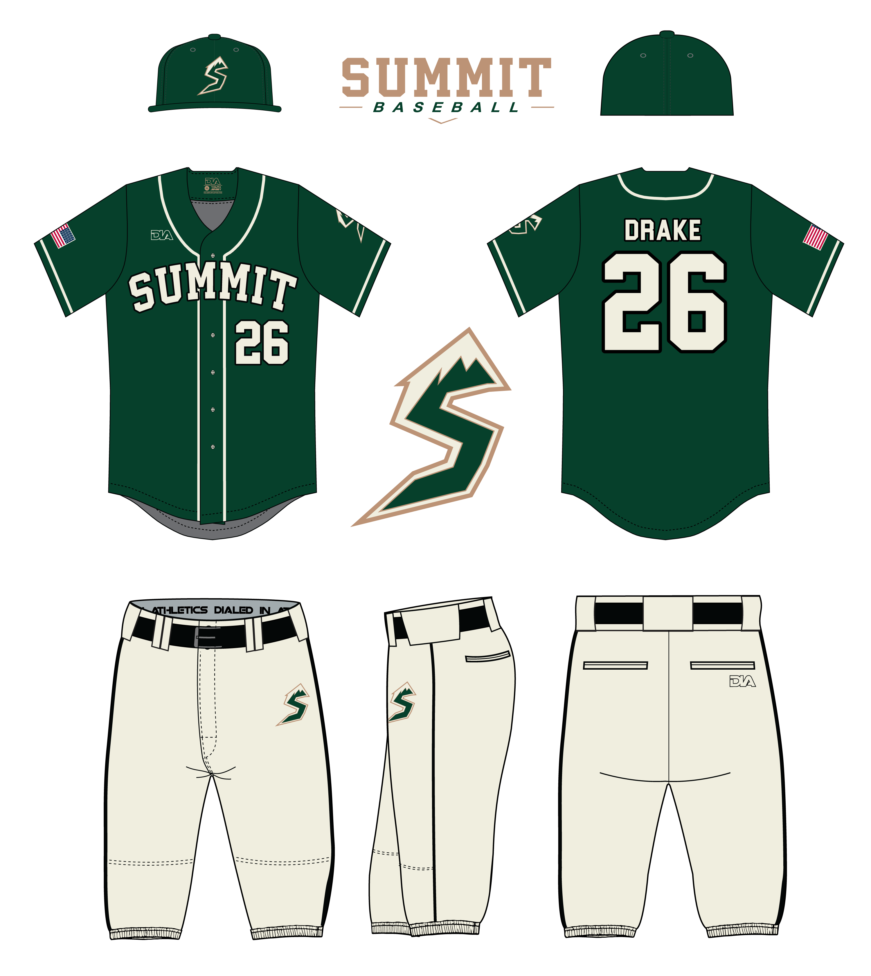 Summit Baseball Saturday uniform: pine-green jersey, cap, and cream pants.
