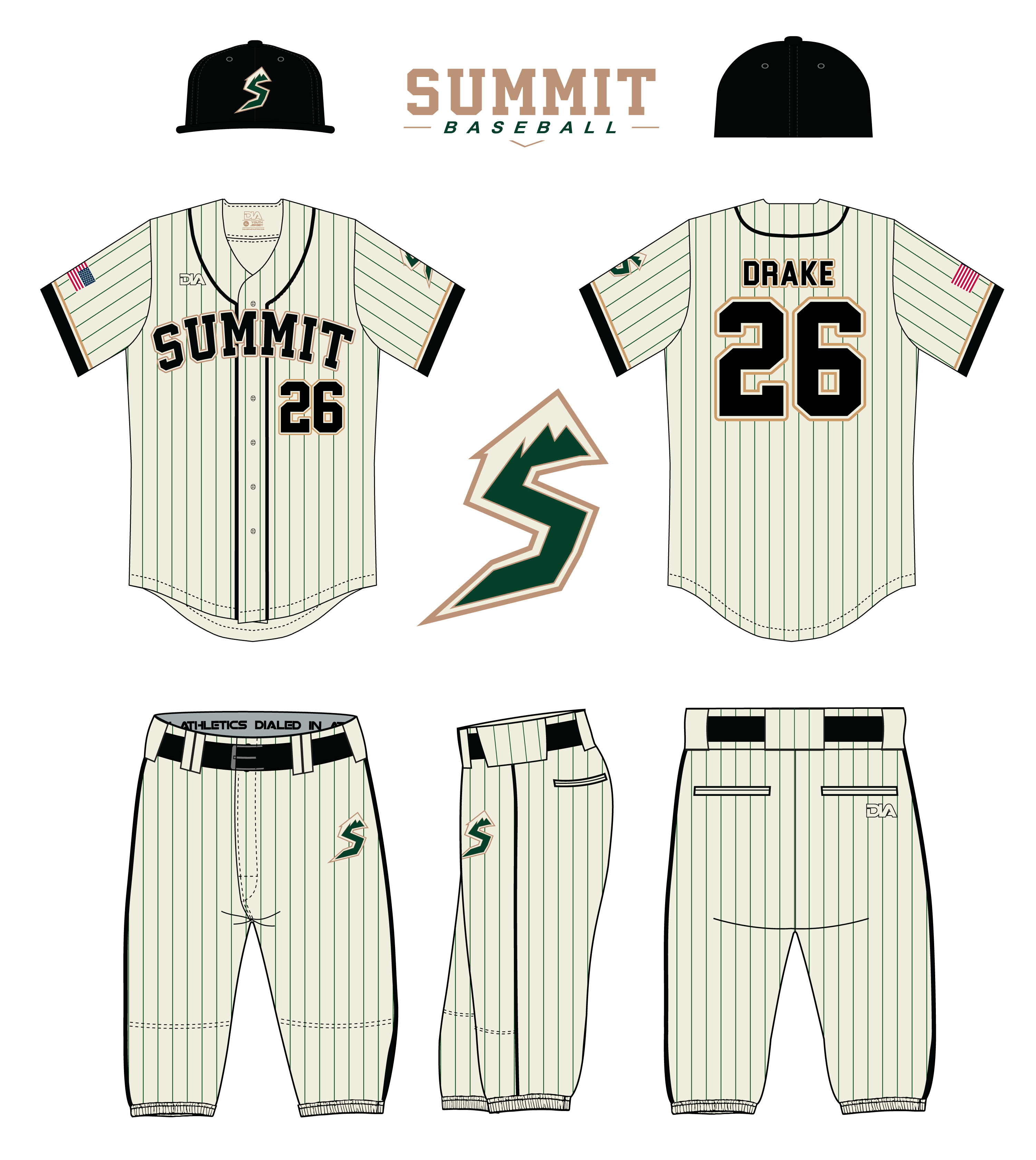 Summit Baseball Sunday uniform: cream pinstripe jersey, cap, and pinstripe pants.