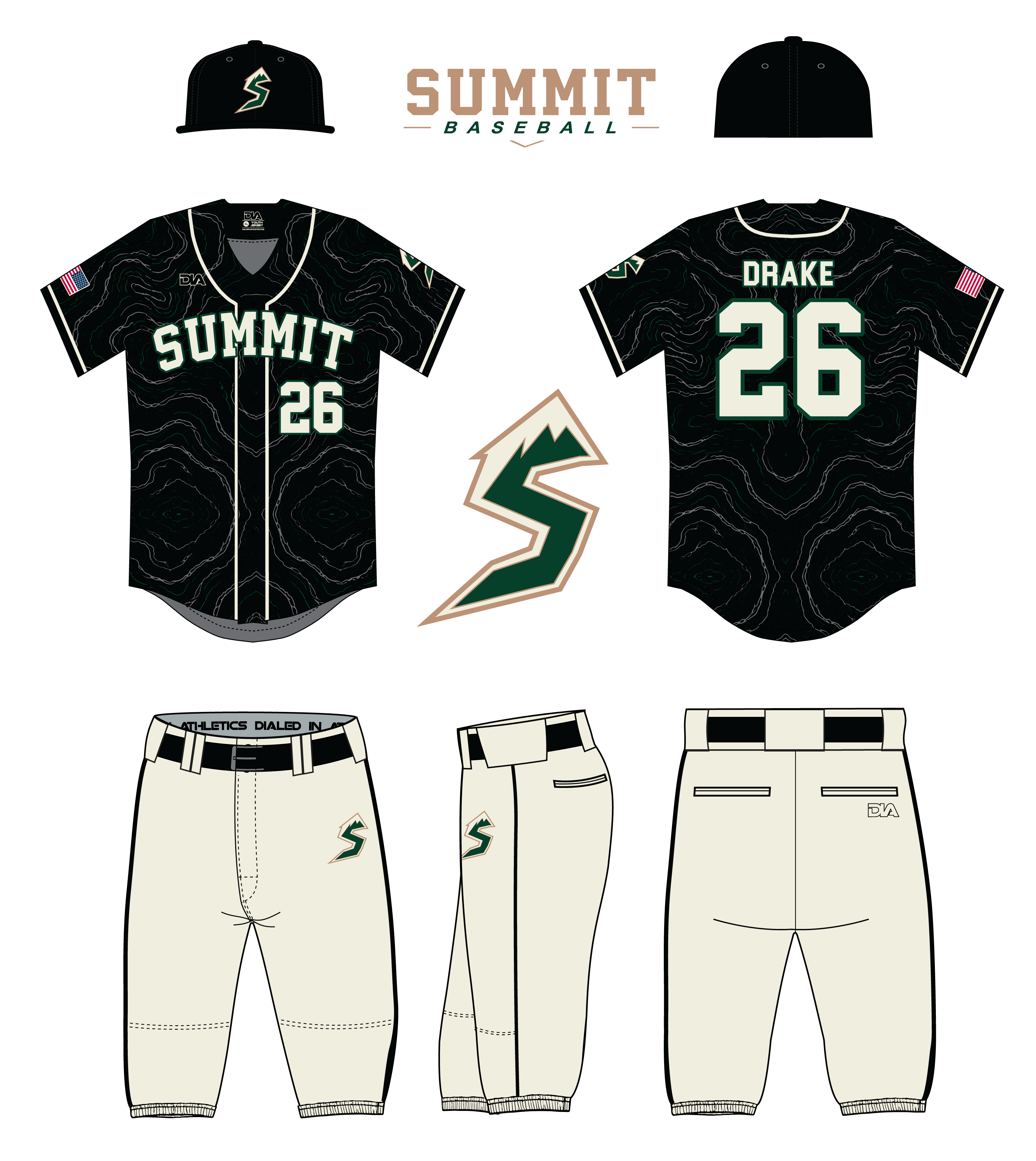 Summit Baseball Topo alternate uniform: black topographic-pattern jersey, cap, and cream pants.