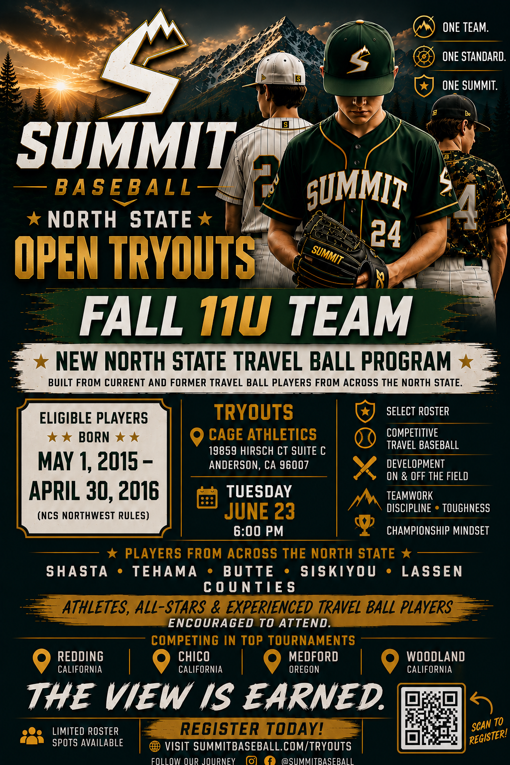 Summit Baseball Fall 11U open tryouts flyer: Tuesday June 23 at Cage Athletics in Anderson, CA
