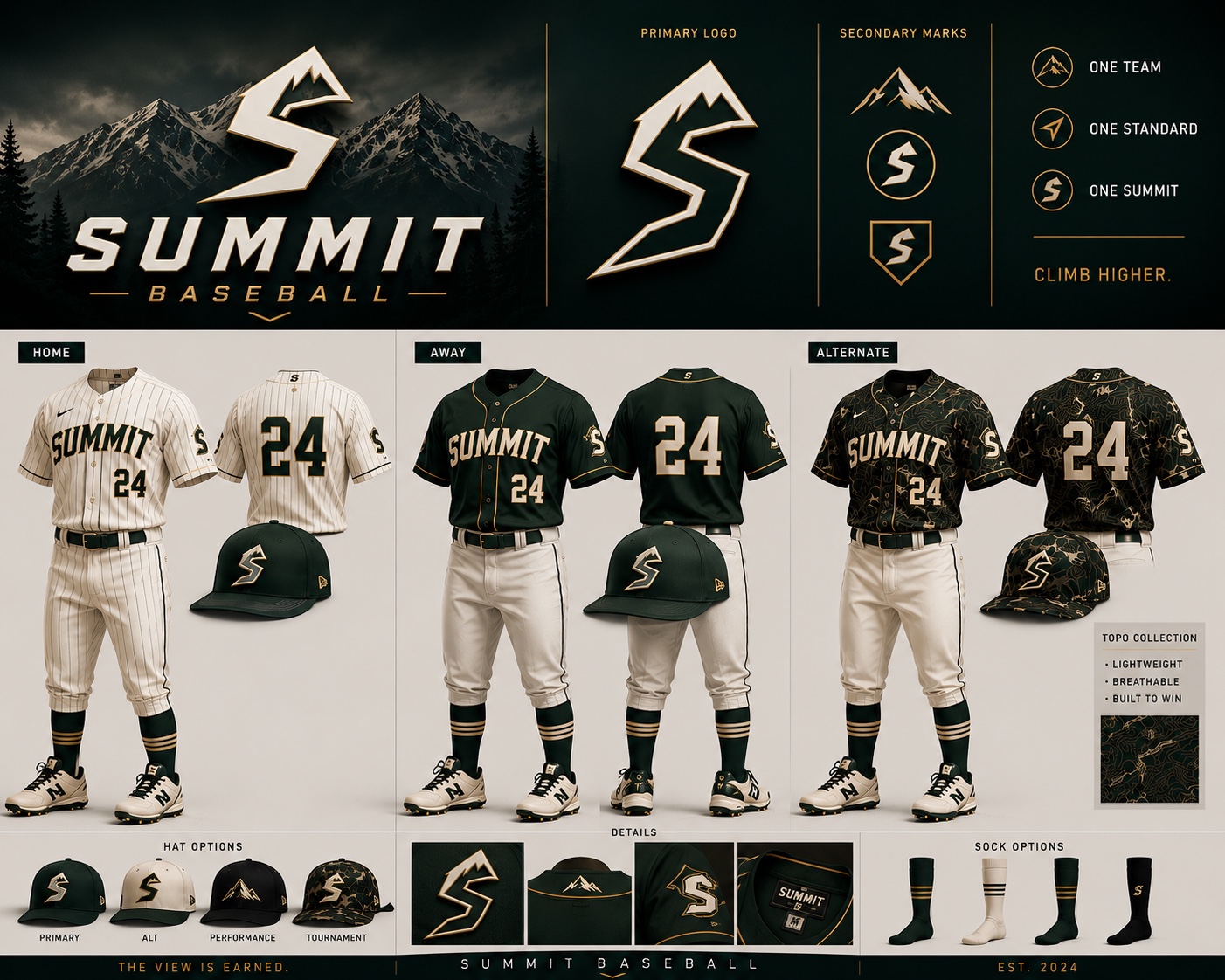 Summit Baseball uniform set: white pinstripe Home, pine-green Away, and Topo Collection alternate jerseys, with hat and sock options in green and gold.